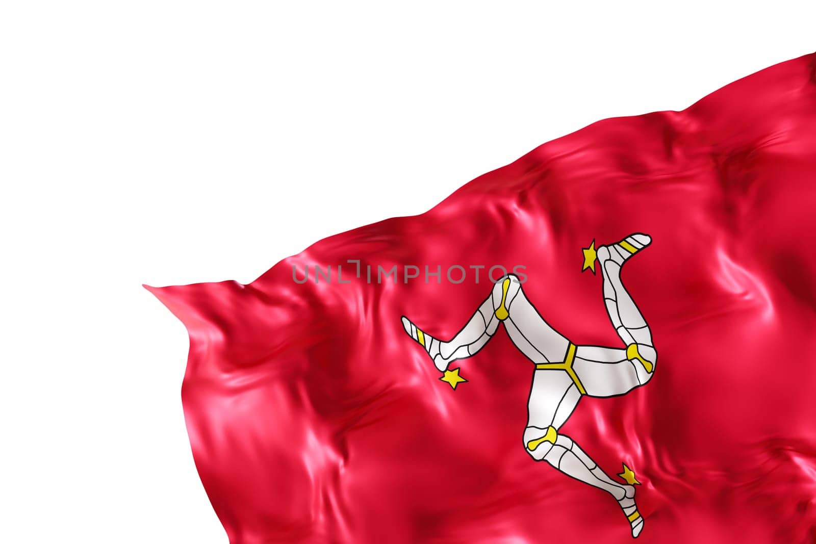 Realistic flag of Isle of Man with folds, isolated on white background. Footer, corner design element. Cut out. Perfect for patriotic themes or national event promotions. Empty, copy space. 3D render. by creativebird