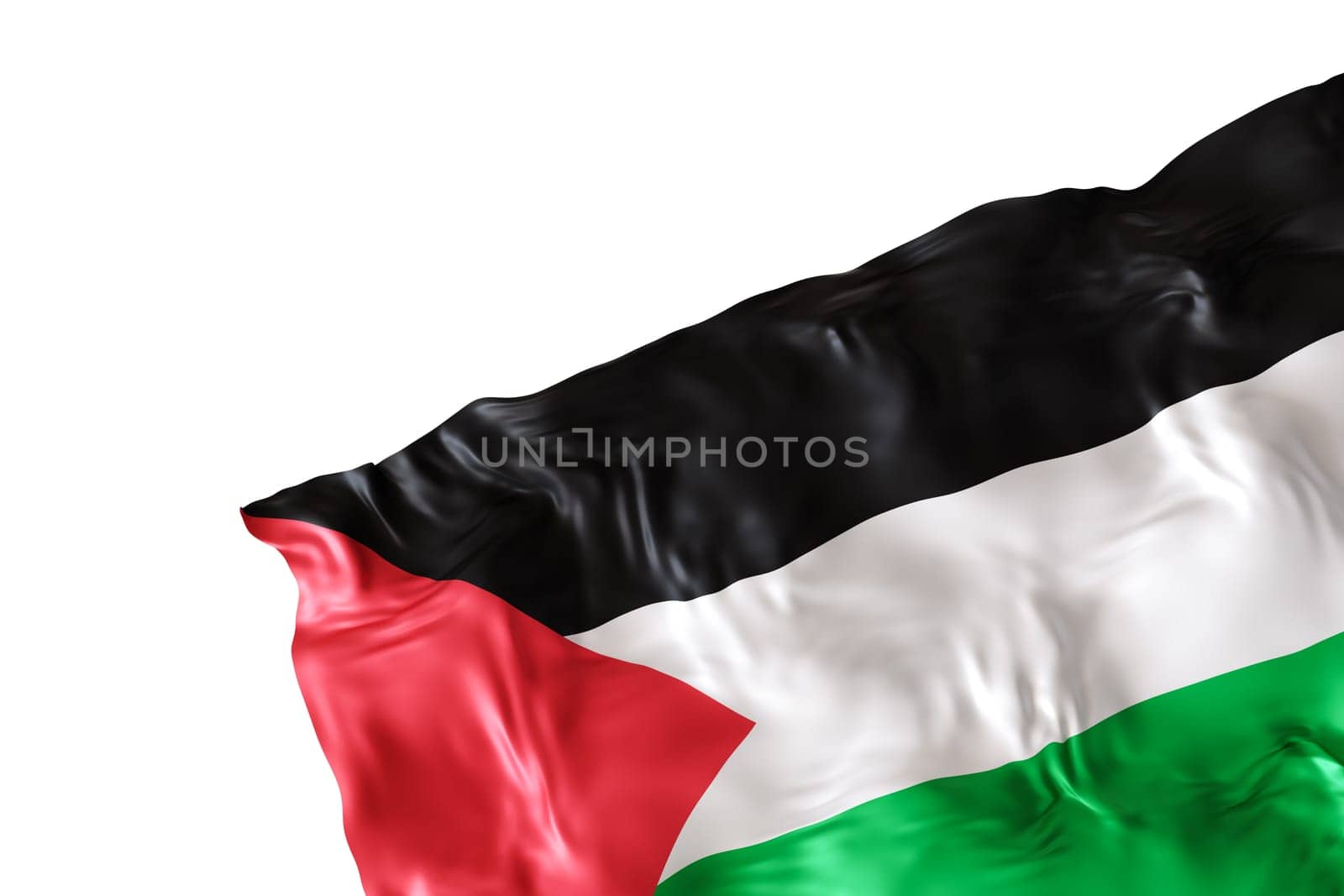 Realistic flag of Palestine with folds, isolated on white background. Footer, corner design element. Cut out. Perfect for patriotic themes or national event promotions. Empty, copy space. 3D render. by creativebird