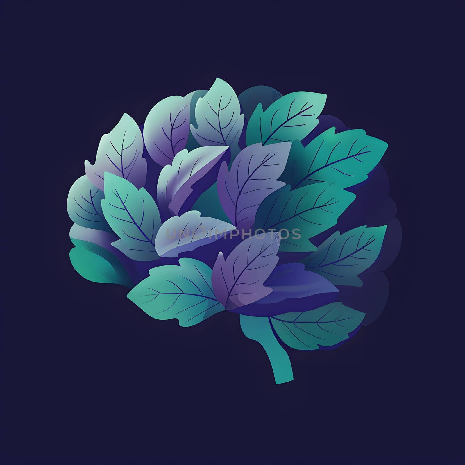 a brain made of green and purple leaves on a dark background . High quality