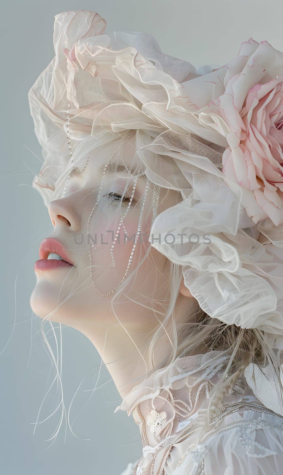 An elegant woman with white hair wearing a flower as a hair accessory. The petal adds a touch of glamour to her headpiece, making it a unique fashion statement