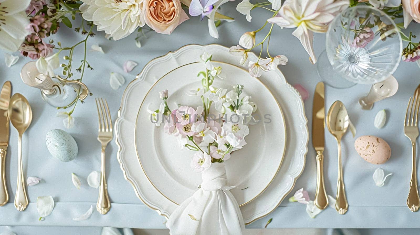 Easter tablescape decoration, floral holiday table decor for family celebration, spring flowers, Easter eggs, Easter bunny and vintage dinnerware, English country and home styling