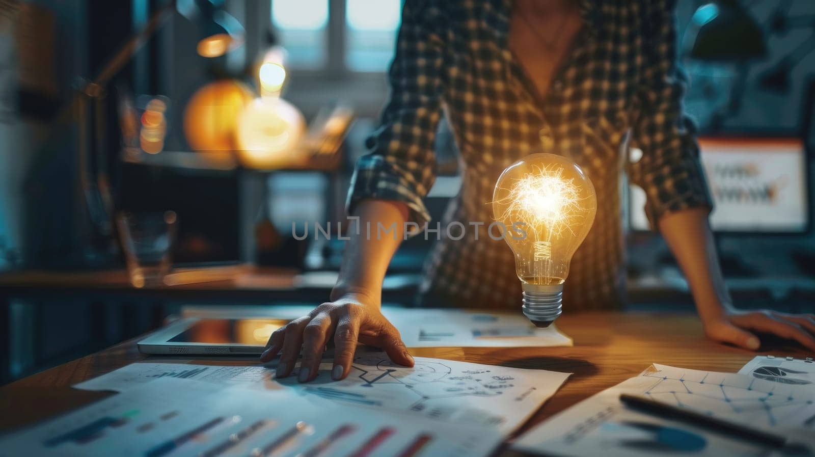 A woman is standing in front of a desk with a light bulb on top of a paper. The scene suggests a creative and innovative atmosphere