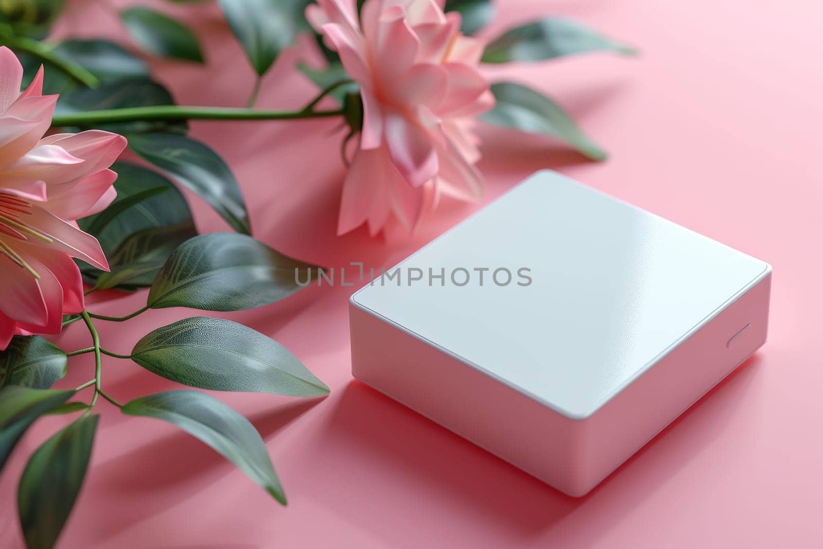 A white box with a pink background and a rose on it. The box is a small device that is likely a phone or a tablet. The pink background and the rose suggest a romantic or feminine theme