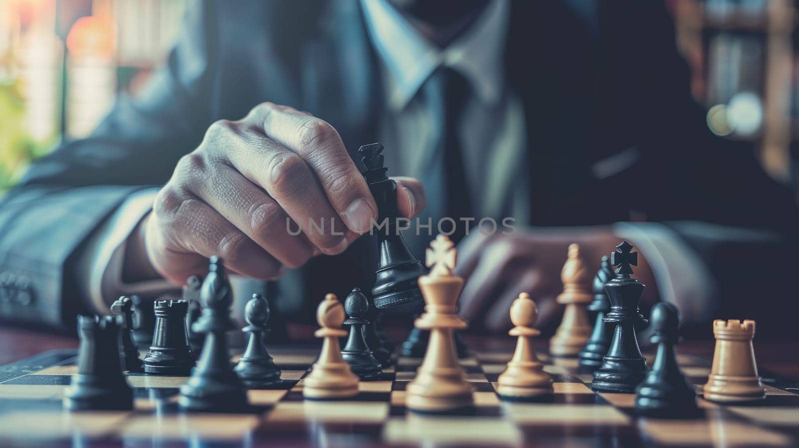 A man in a suit is playing chess with a black and white chess set, Business strategy and creative concept.