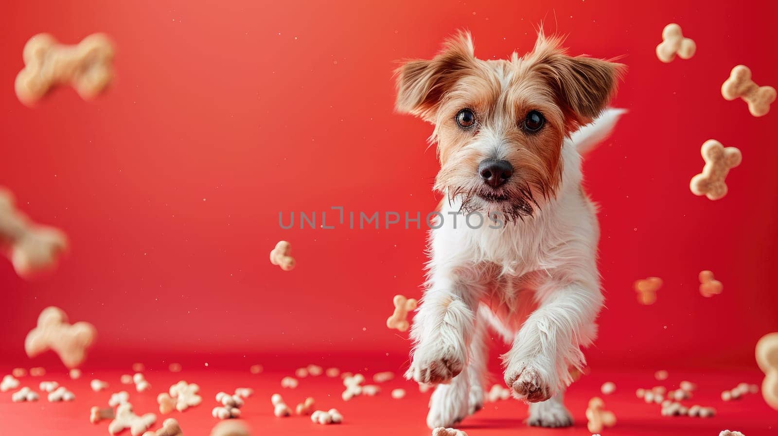 A dog surrounded with floating bone, Dog Biscuits, Professional studio photography.