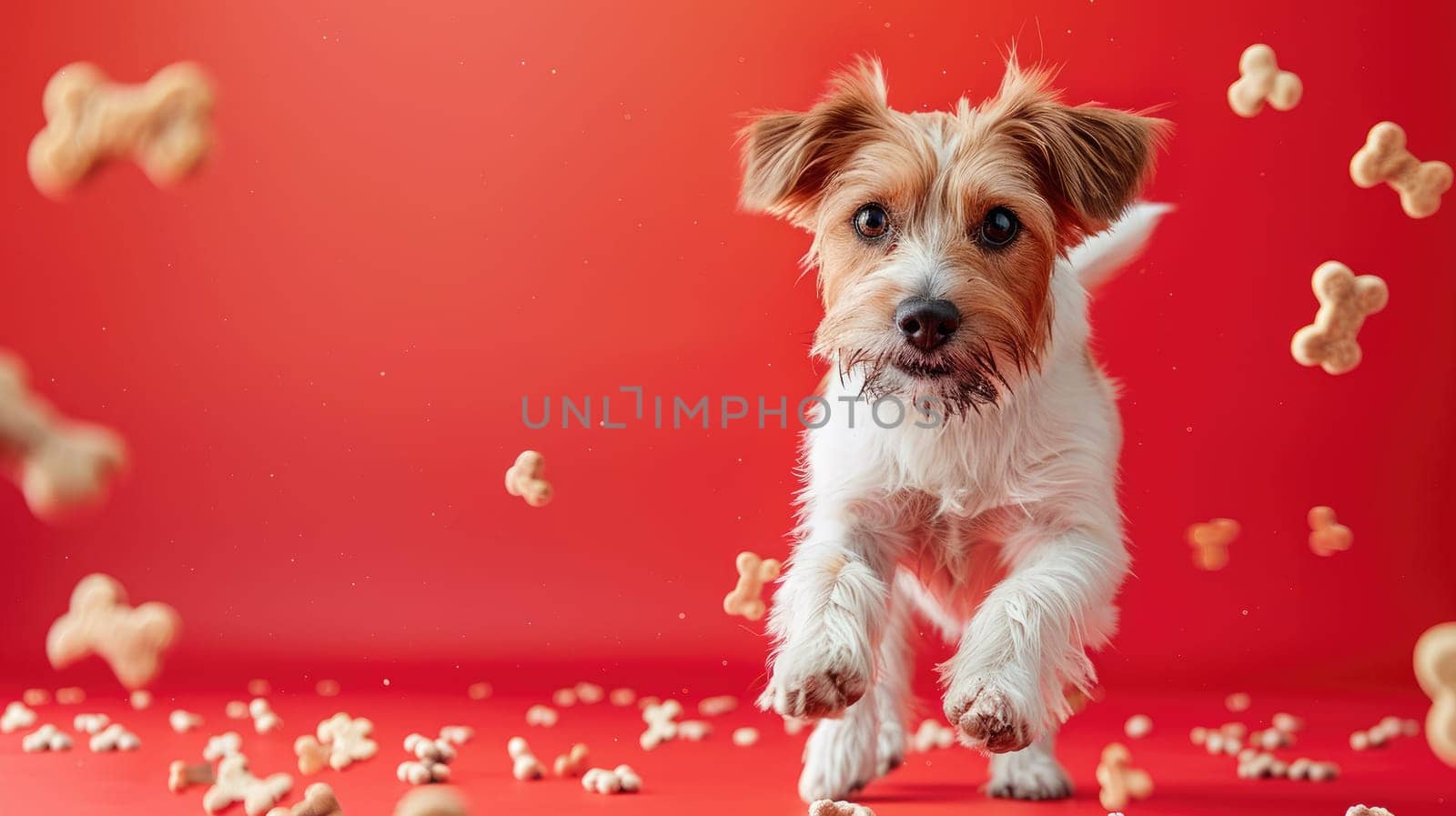 A dog surrounded with floating bone, Dog Biscuits, Professional studio photography by nijieimu