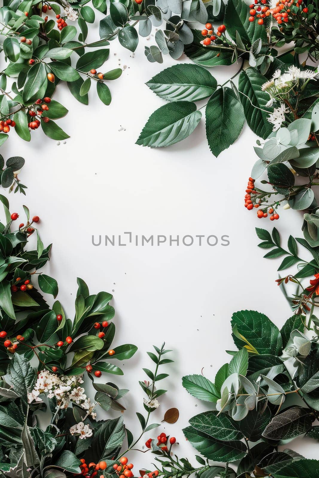 Frame of plant leaves and flowers on a white background. Selective focus. by yanadjana