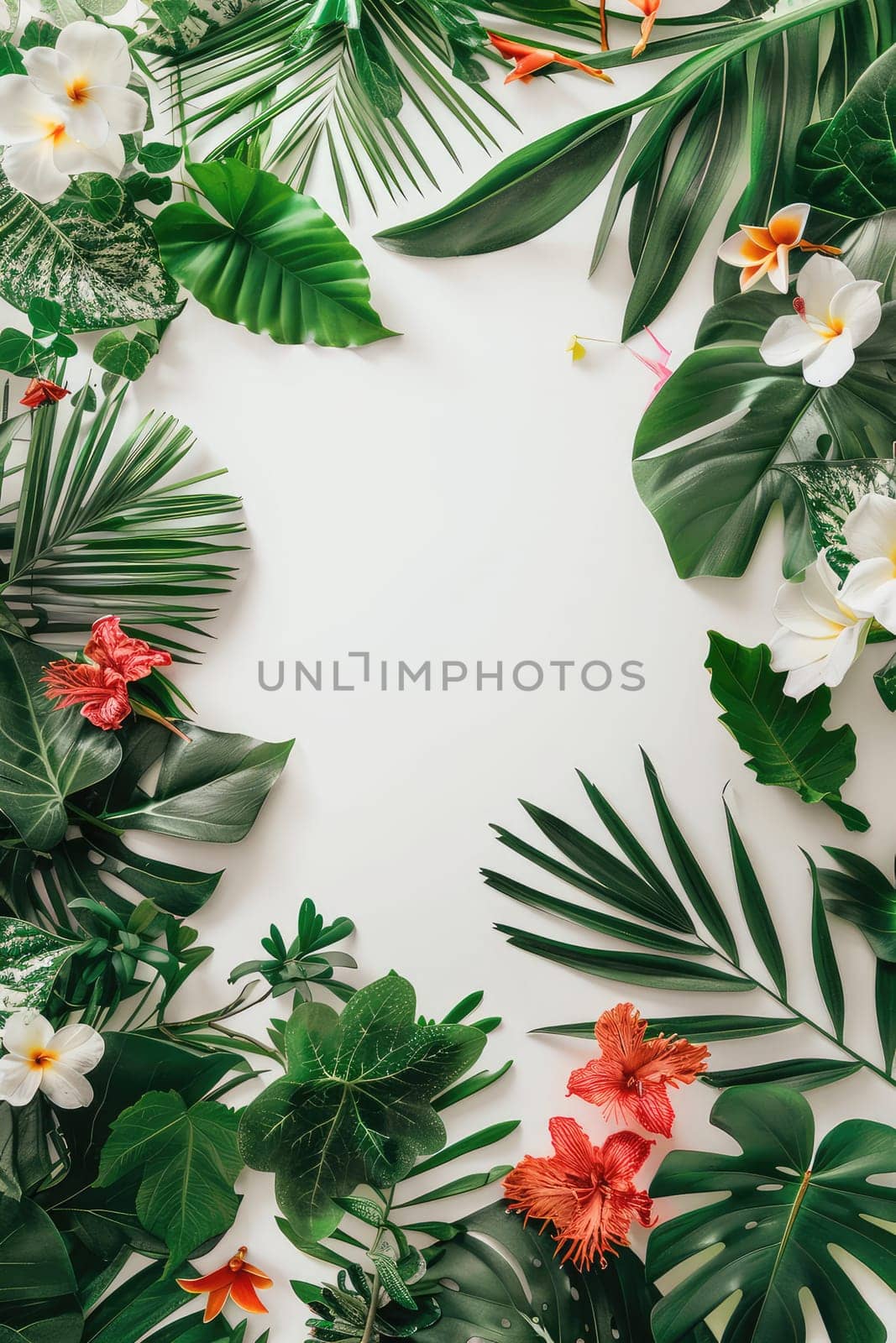 Frame of plant leaves and flowers on a white background. Selective focus. nature.