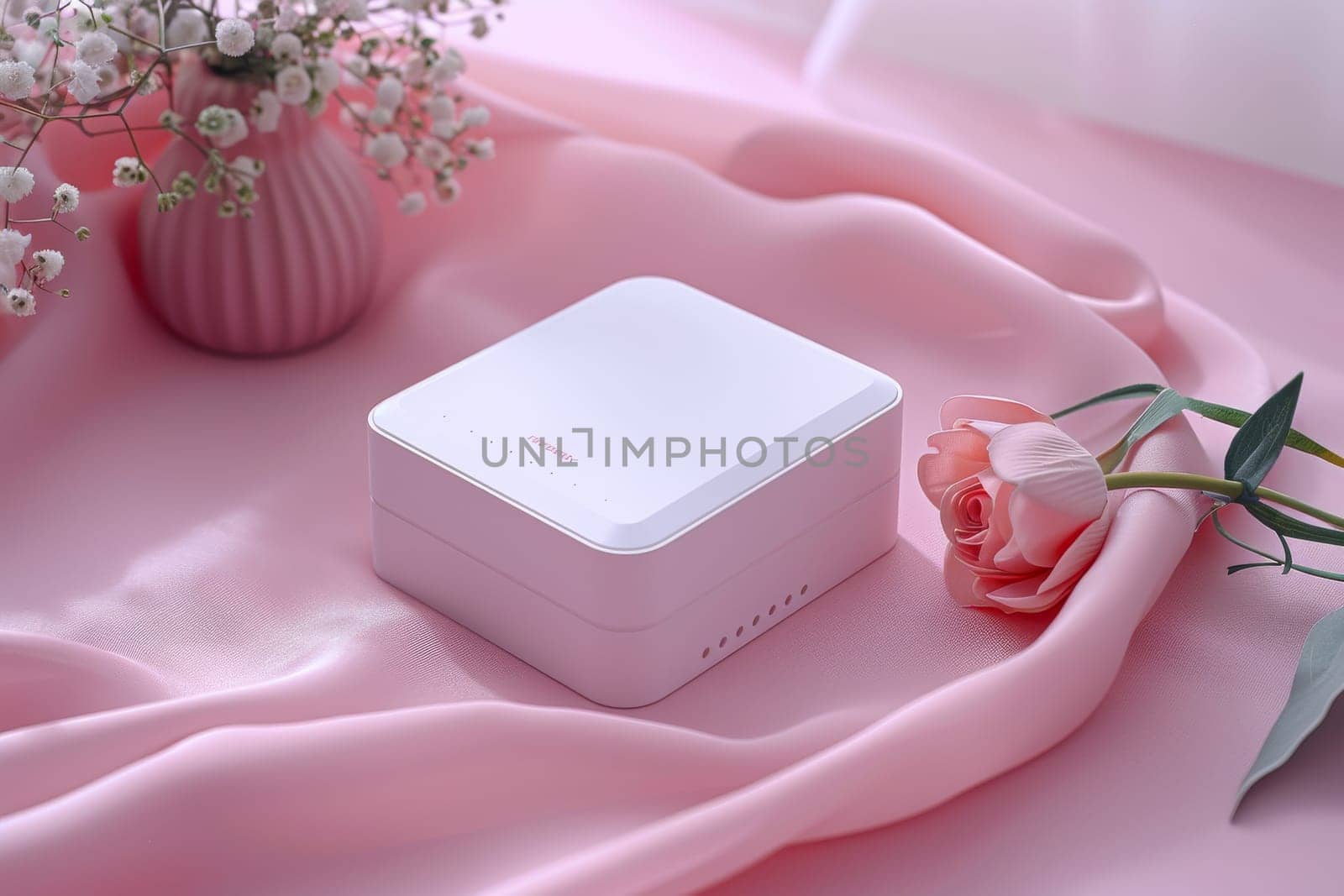 A white box with a pink background and a rose on it. The box is a small device that is likely a phone or a tablet. The pink background and the rose suggest a romantic or feminine theme