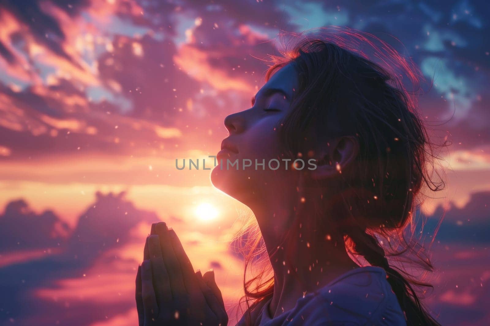 A woman is praying in front of a sunset. The sky is filled with clouds and the sun is setting. The woman is looking up at the sky with a peaceful expression on her face