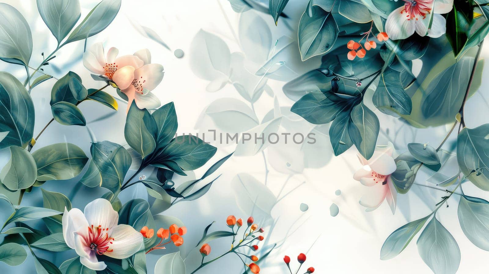 Leaves and flowers on a white background frame. Selective focus. by yanadjana
