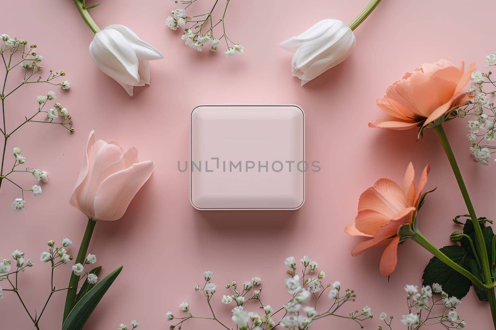 A white box with a pink background and a rose on it. The box is a small device that is likely a phone or a tablet. The pink background and the rose suggest a romantic or feminine theme