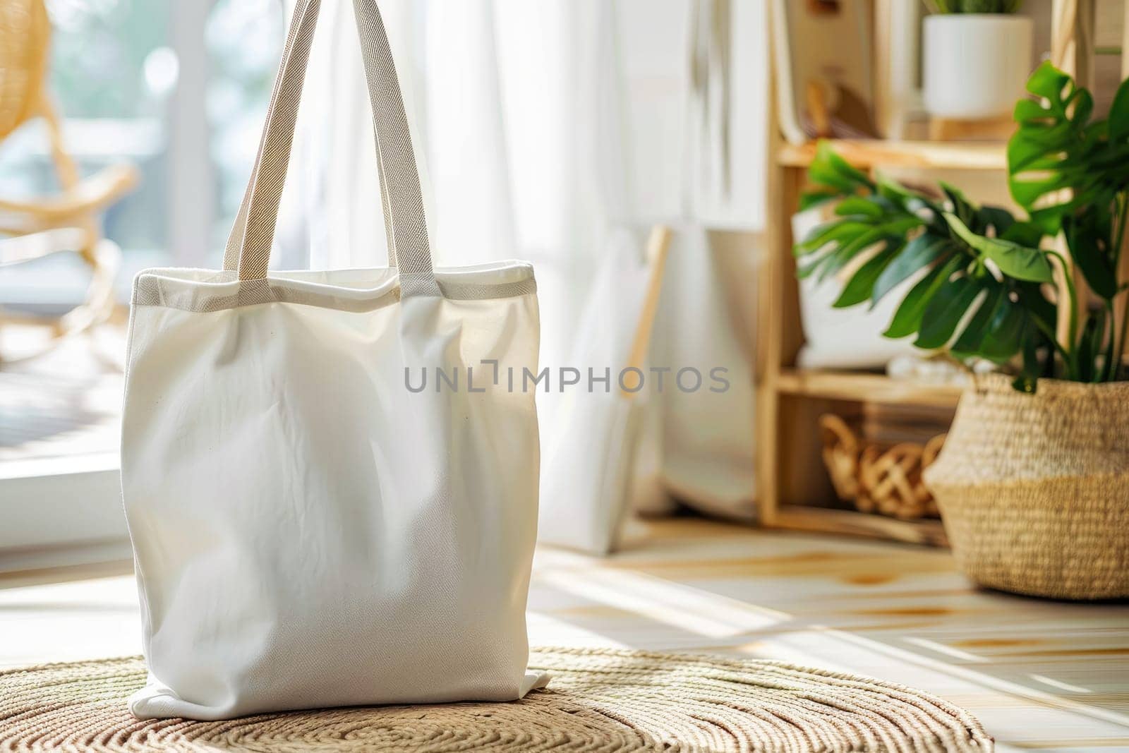 Blank canvas tote bag mockup in white eco friendly design with copy space, Mock up white tote bag by nijieimu