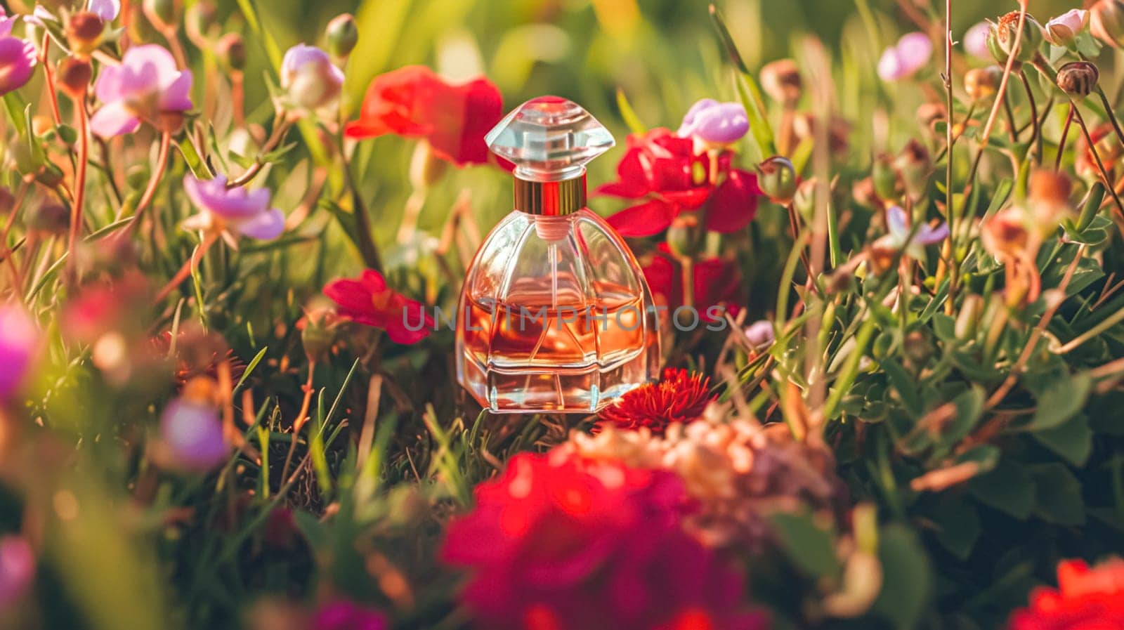 Perfume bottle in flowers, fragrance on blooming background, floral scent and cosmetic product idea