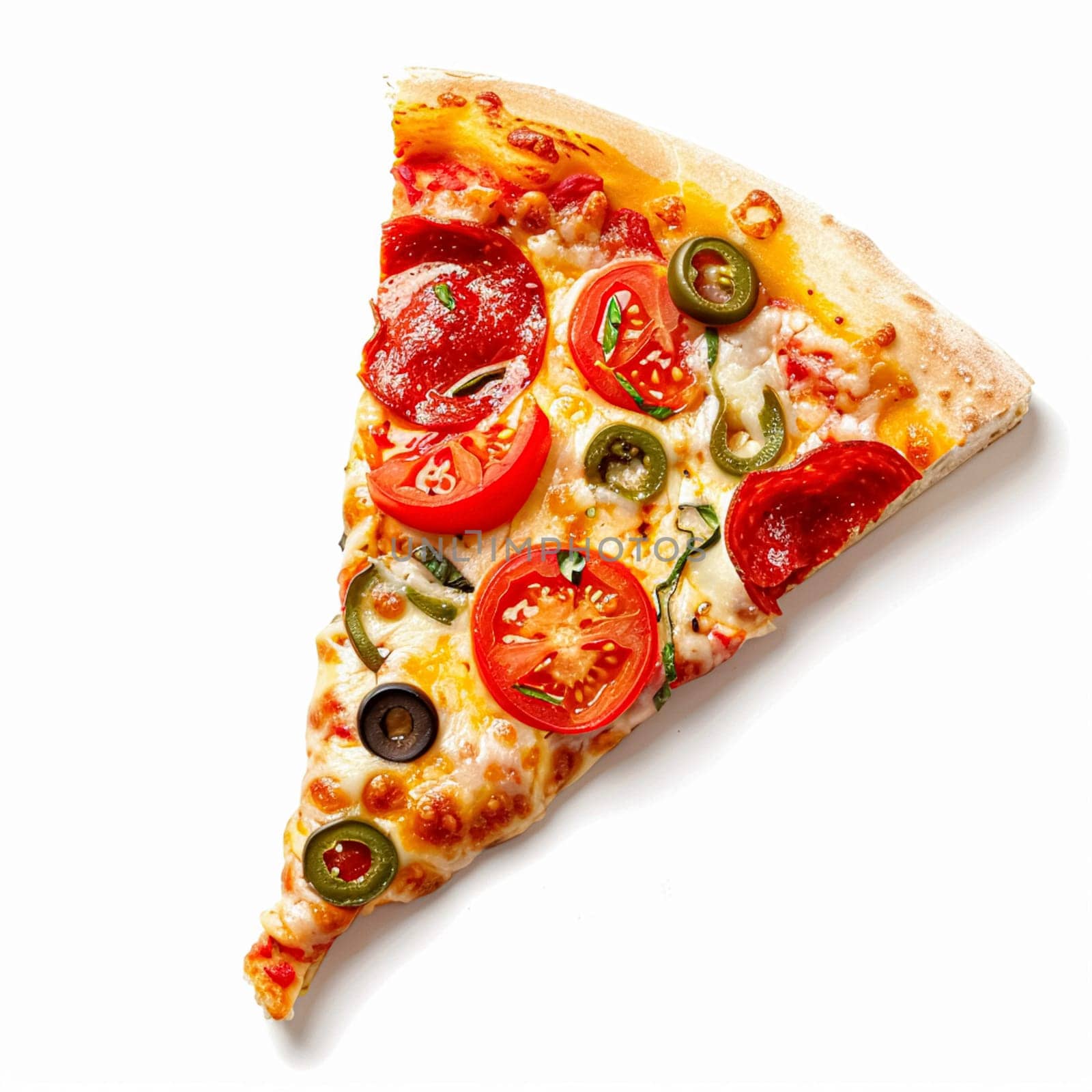 Pizza slice isolated on white background, online delivery from pizzeria, take away and fast food concept