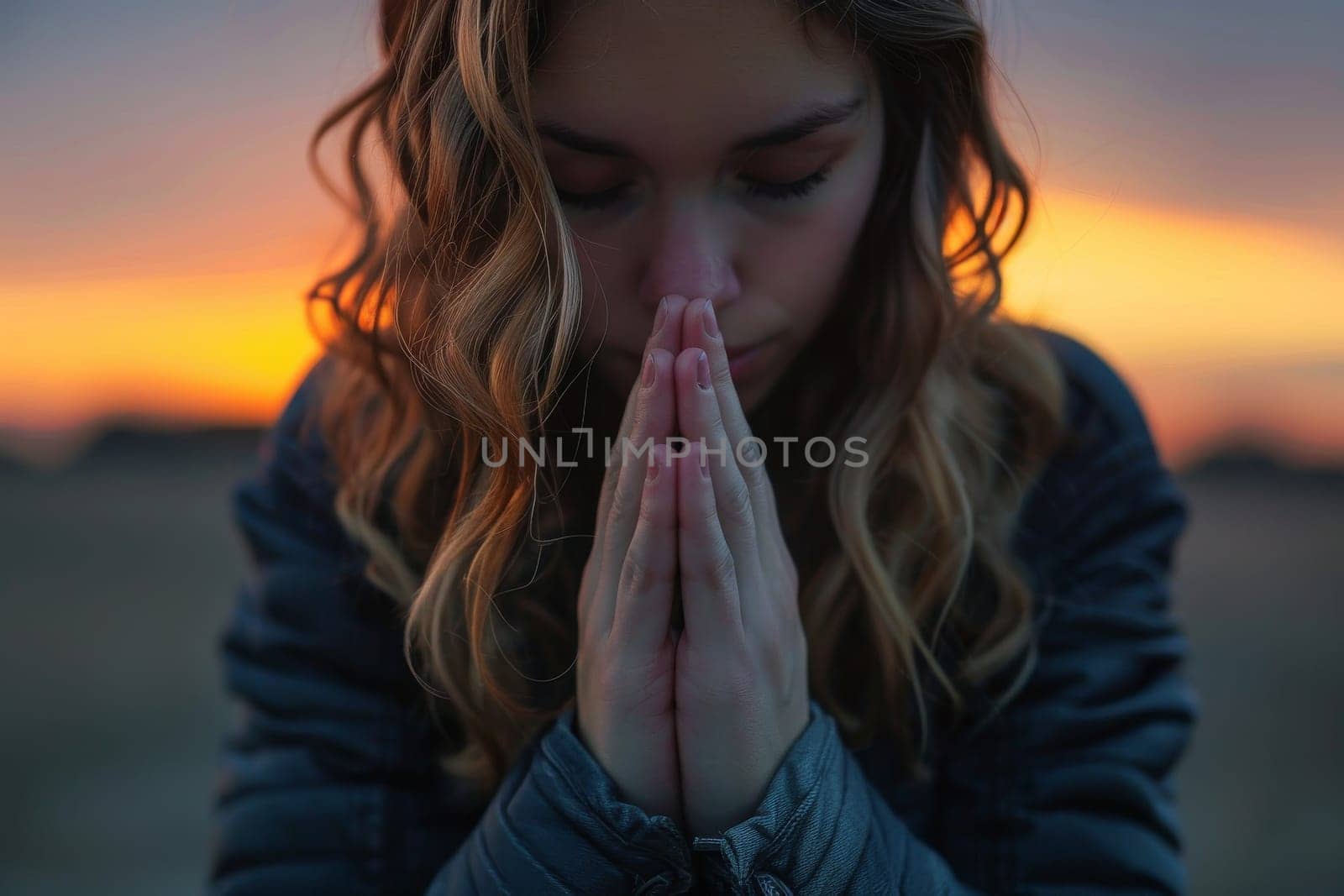 A woman is praying in a field with the sun in the background