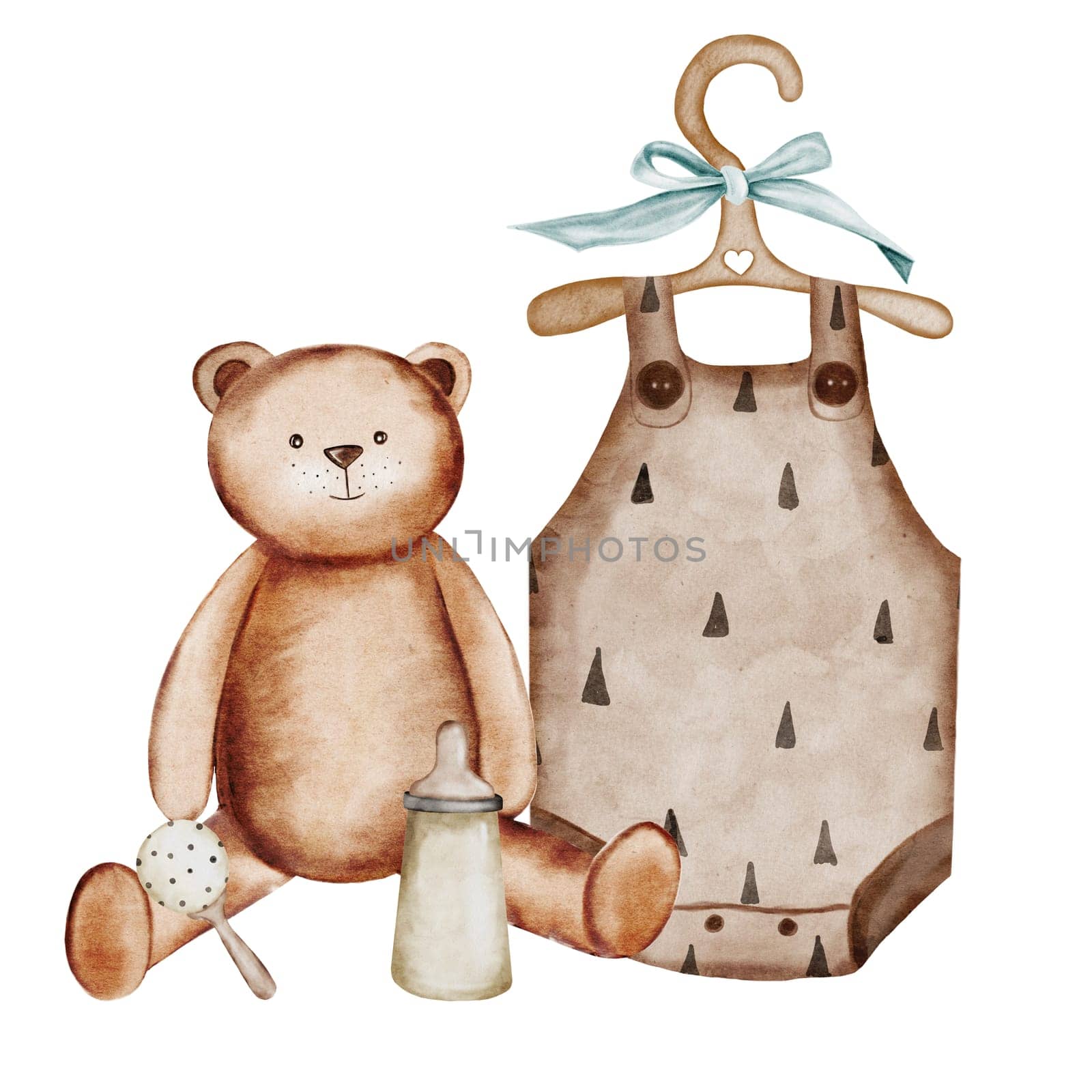 Baby shower watercolor invitation card. Composition of children's clothes on a hanger, a teddy bear and a bottle of rattle. Ideal for baby shower cards, clothing store tags, logos. High quality illustration
