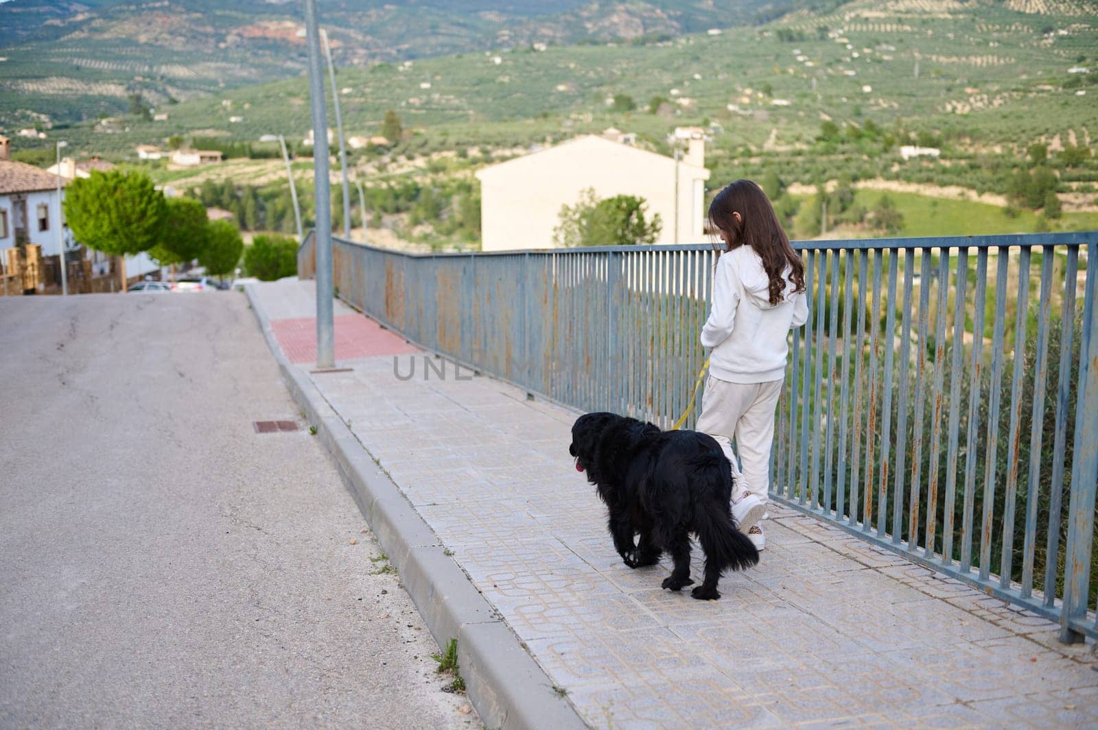 Full length authentic portrait of adorable little child girl with her dog on the walk outdoors by artgf