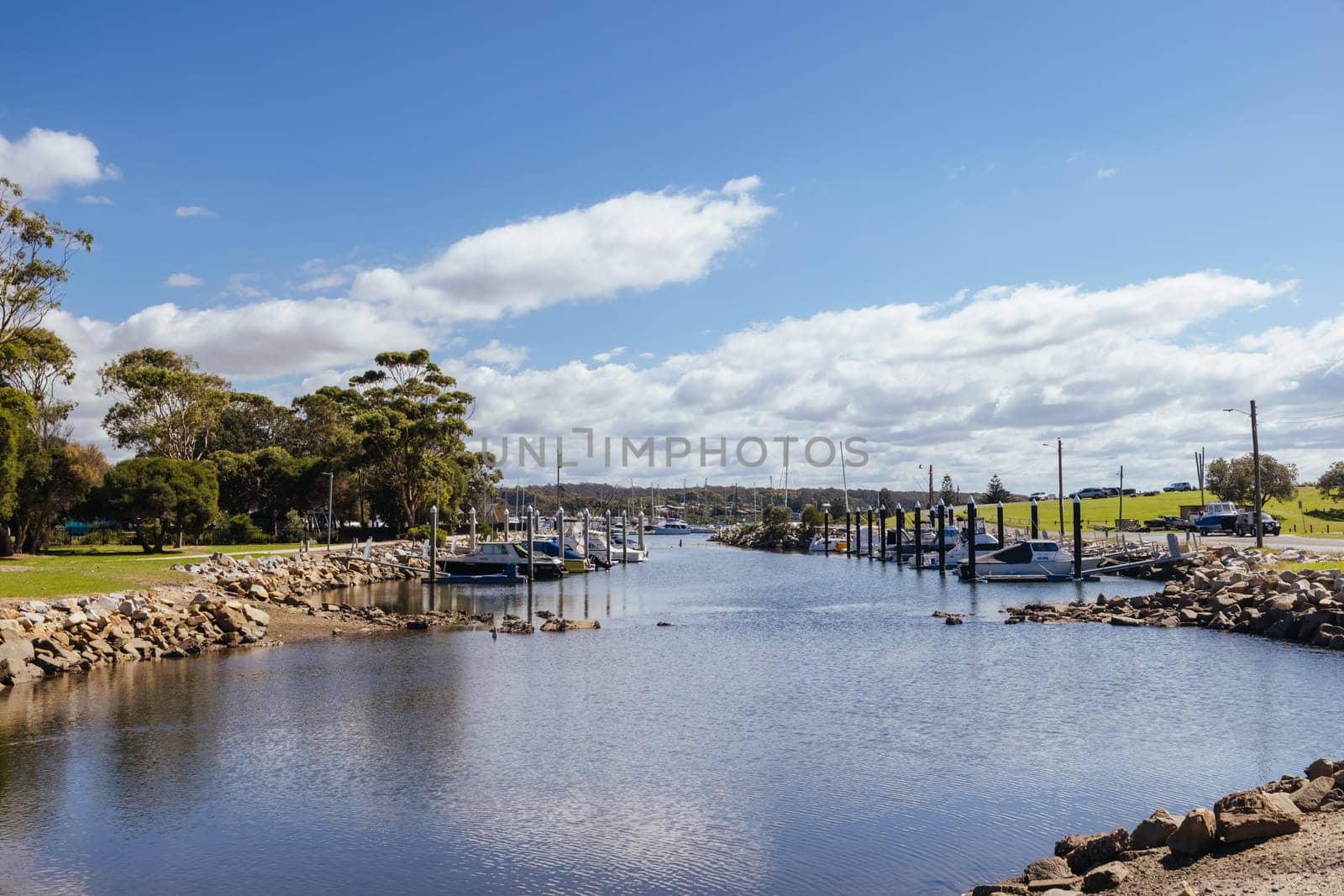 BERMAGUI, AUSTRALIA - April 3 2024: Bermagui Wharf and Marina on the Bermagui River in Bega Shire, New South Wales, Australia
