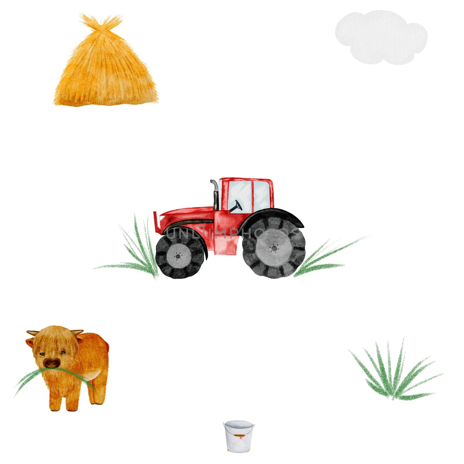 Farm watercolor seamless pattern. Drawing of a red toy car, bull, haystack, grass and cloud on a white background. Illustration of an agricultural machine. For children's textiles, bed linen, diapers, diapers for boys