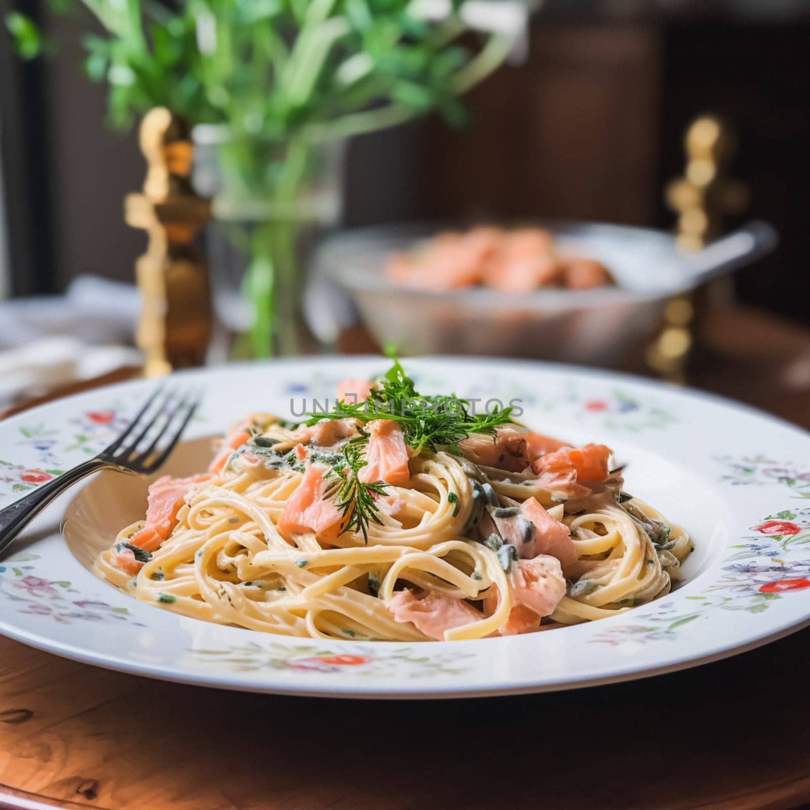 Pasta with smoked salmon and cream, homemade cuisine and traditional food, country life by Anneleven