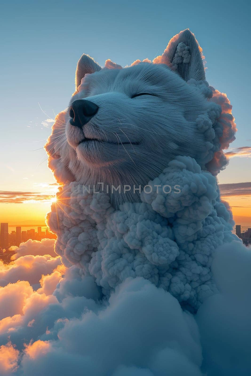 A white dog is standing in the clouds with a smile on its face. The clouds are fluffy and white, and the sky is a beautiful blue. The dog appears to be happy and content