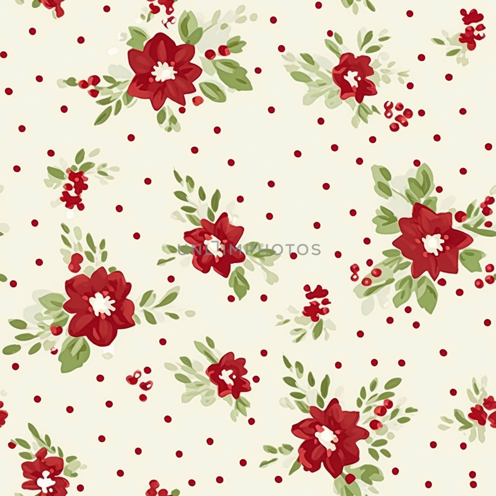 Seamless pattern, tileable Christmas holiday floral country dots print, English countryside flowers for wallpaper, wrapping paper, scrapbook, fabric and product design by Anneleven