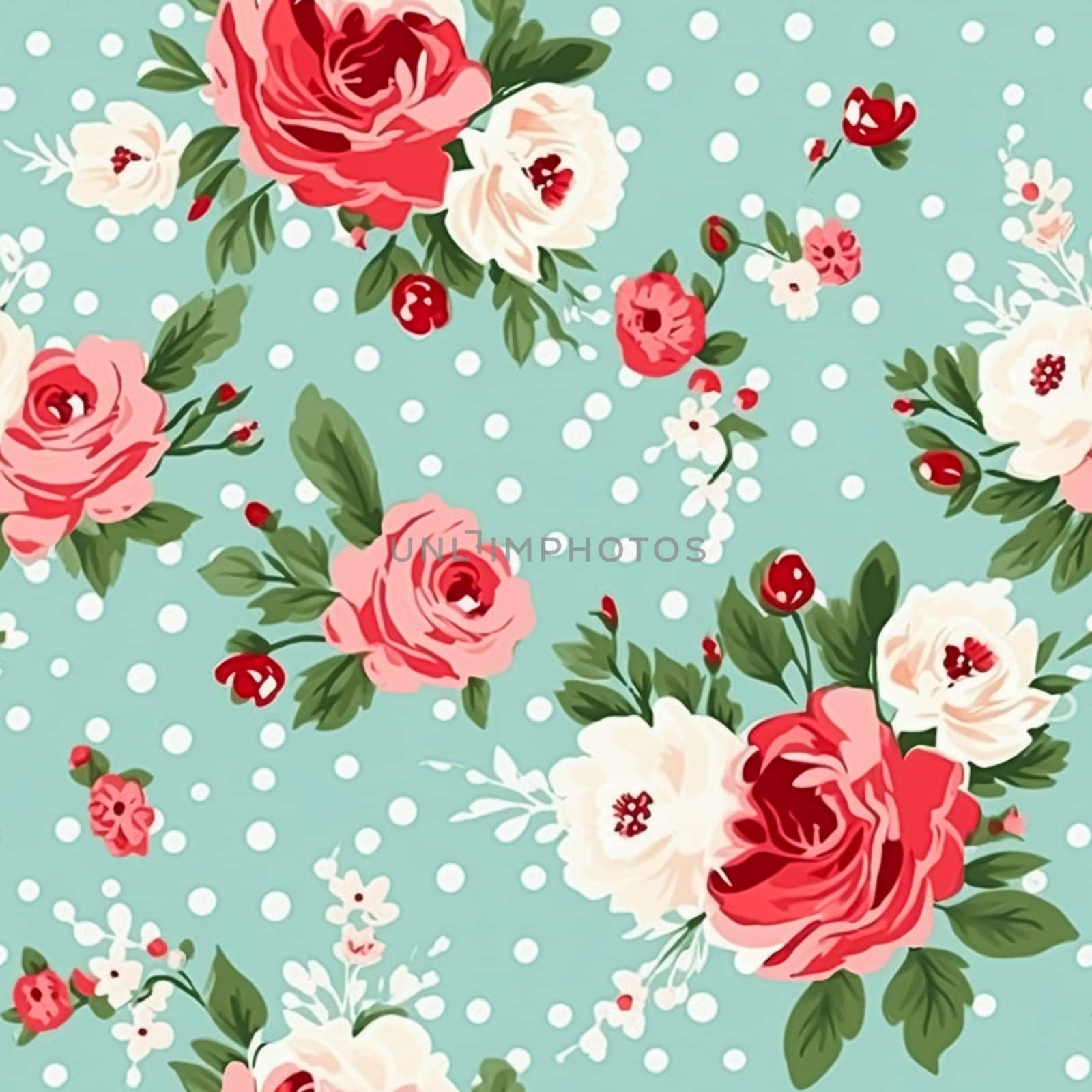 Seamless pattern, tileable floral country holiday print with roses, dots and flowers for wallpaper, wrapping paper, scrapbook, fabric and polka dot roses product design by Anneleven