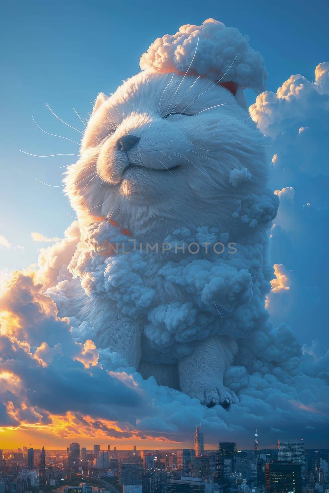 A white dog is standing in the clouds with a smile on its face. The clouds are fluffy and white, and the sky is a beautiful blue. The dog appears to be happy and content