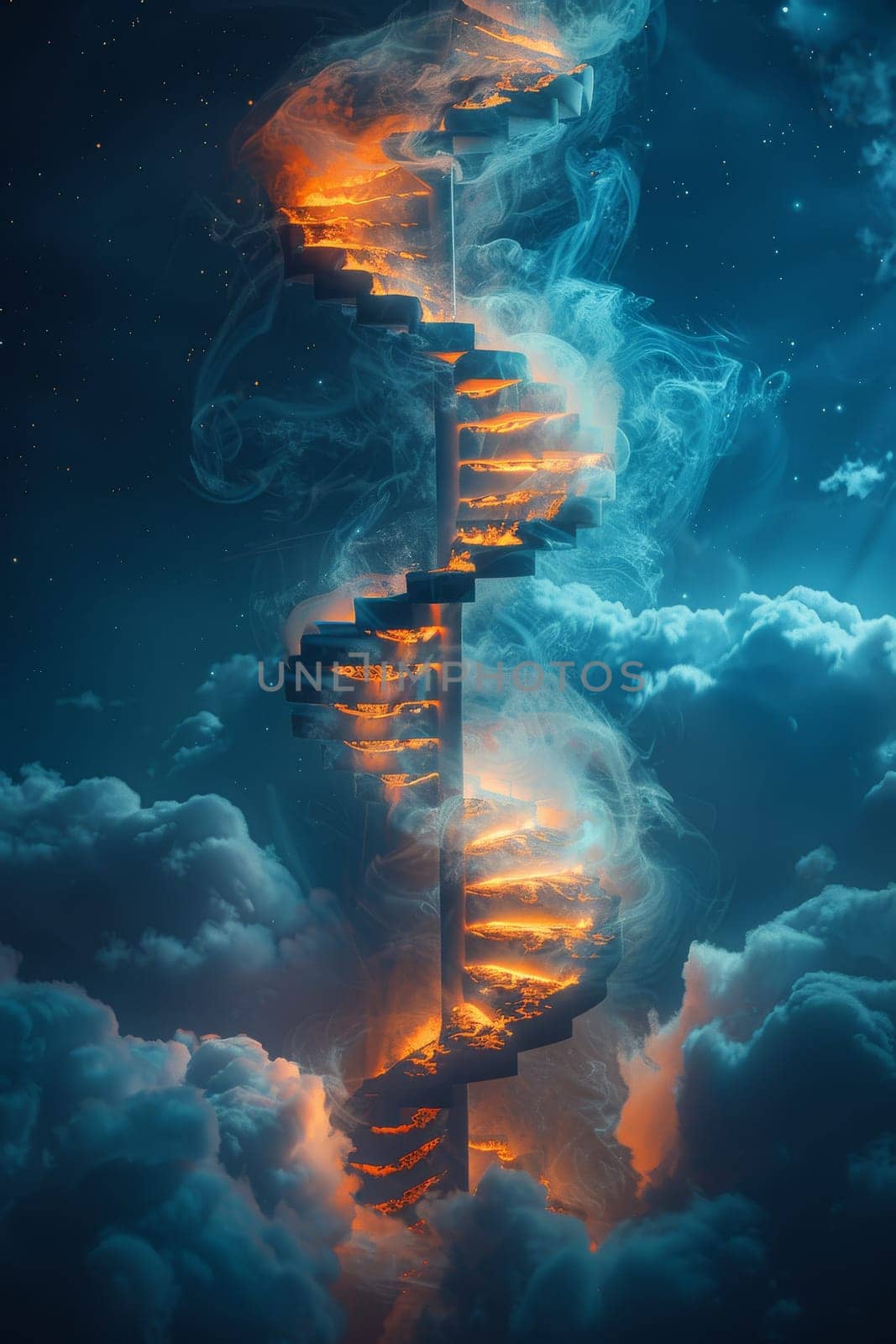 A staircase of fire is shown in the sky, with clouds in the background. The image has a dreamy, surreal quality to it, as if the staircase is leading to a different world