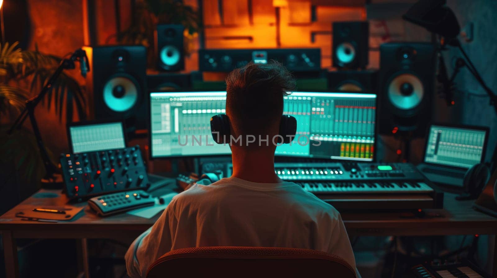 Professional energetic musician recording music while playing keyboard at modern music studio. Attractive music producer or sound engineer focus on listening demo song while mastering track. AIG42.