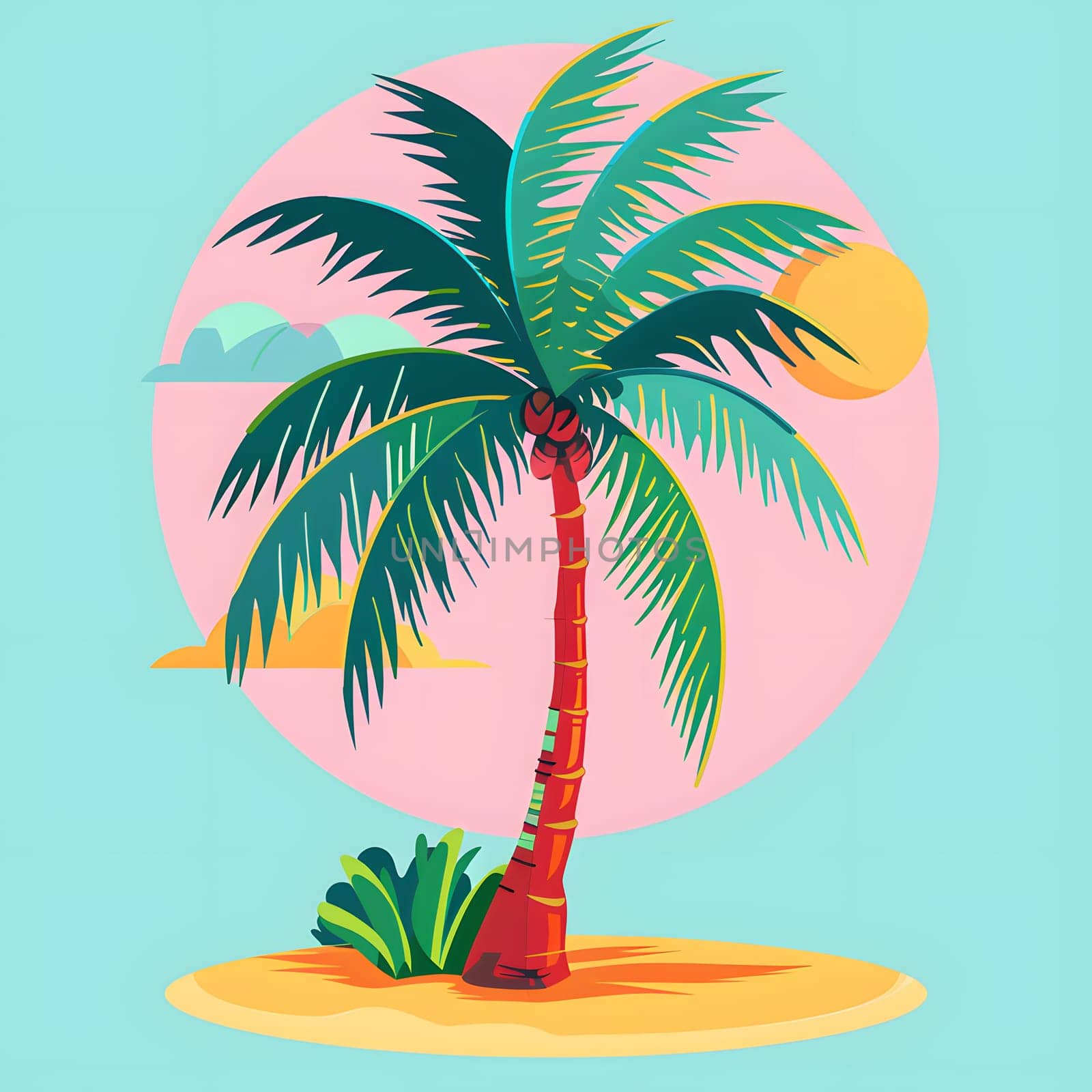 A cartoon illustration of a palm tree, a terrestrial woody plant from the Arecales family, on a small island. The artwork beautifully portrays the organism in its natural landscape