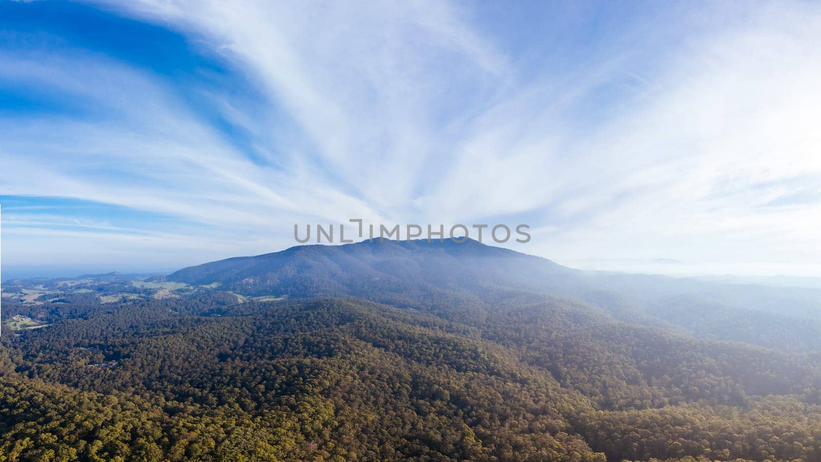 Aerial view near Central Tilba of Mount Dromedary in Gulaga National Park in New South Wales, Australia