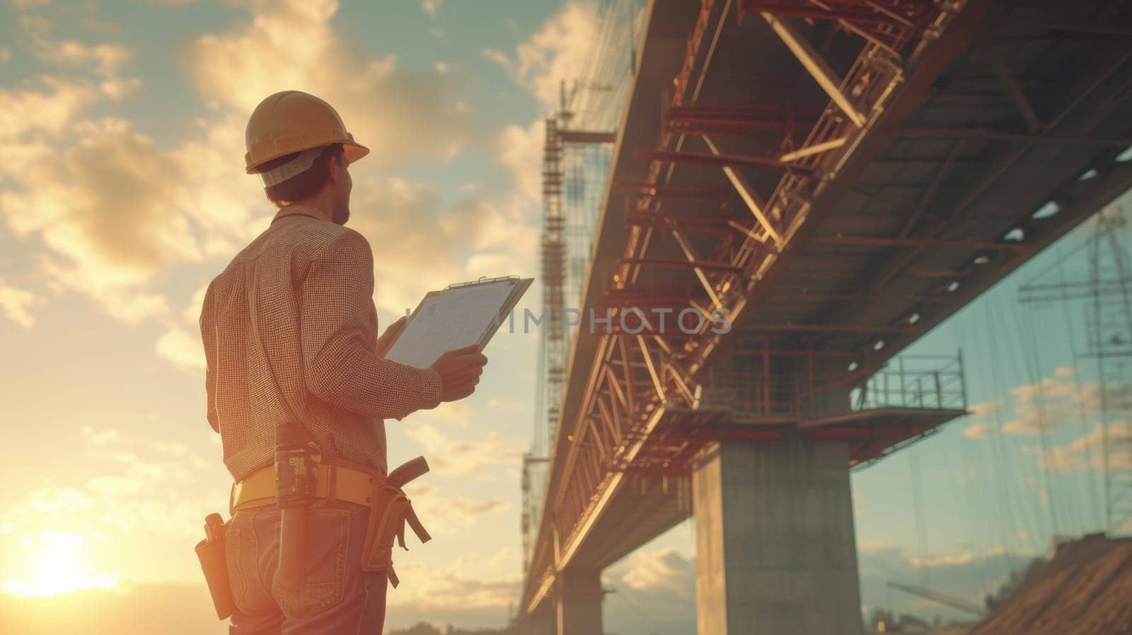Professional civil engineer holding project plan while inspect bridge while wearing safety helmet. Skilled architect looking at blue print and standing at building structure or construction. AIG42.