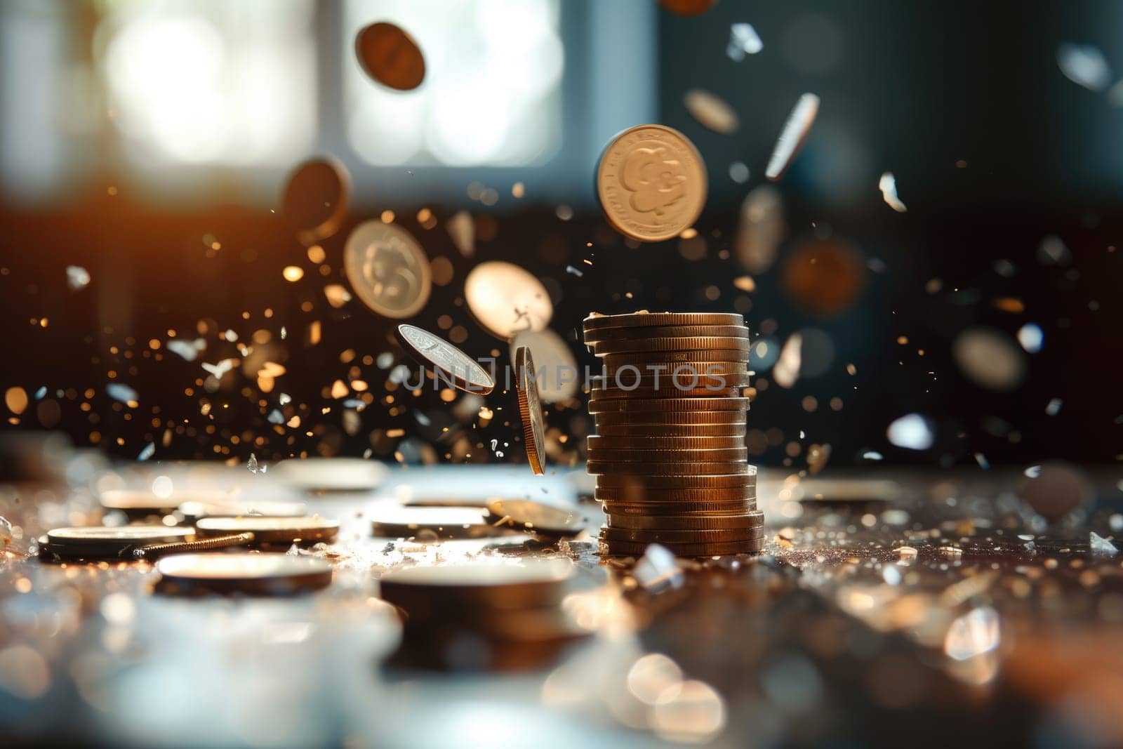Economic downturn, debt crisis and market crash concept shown by shattering coins AIG41
