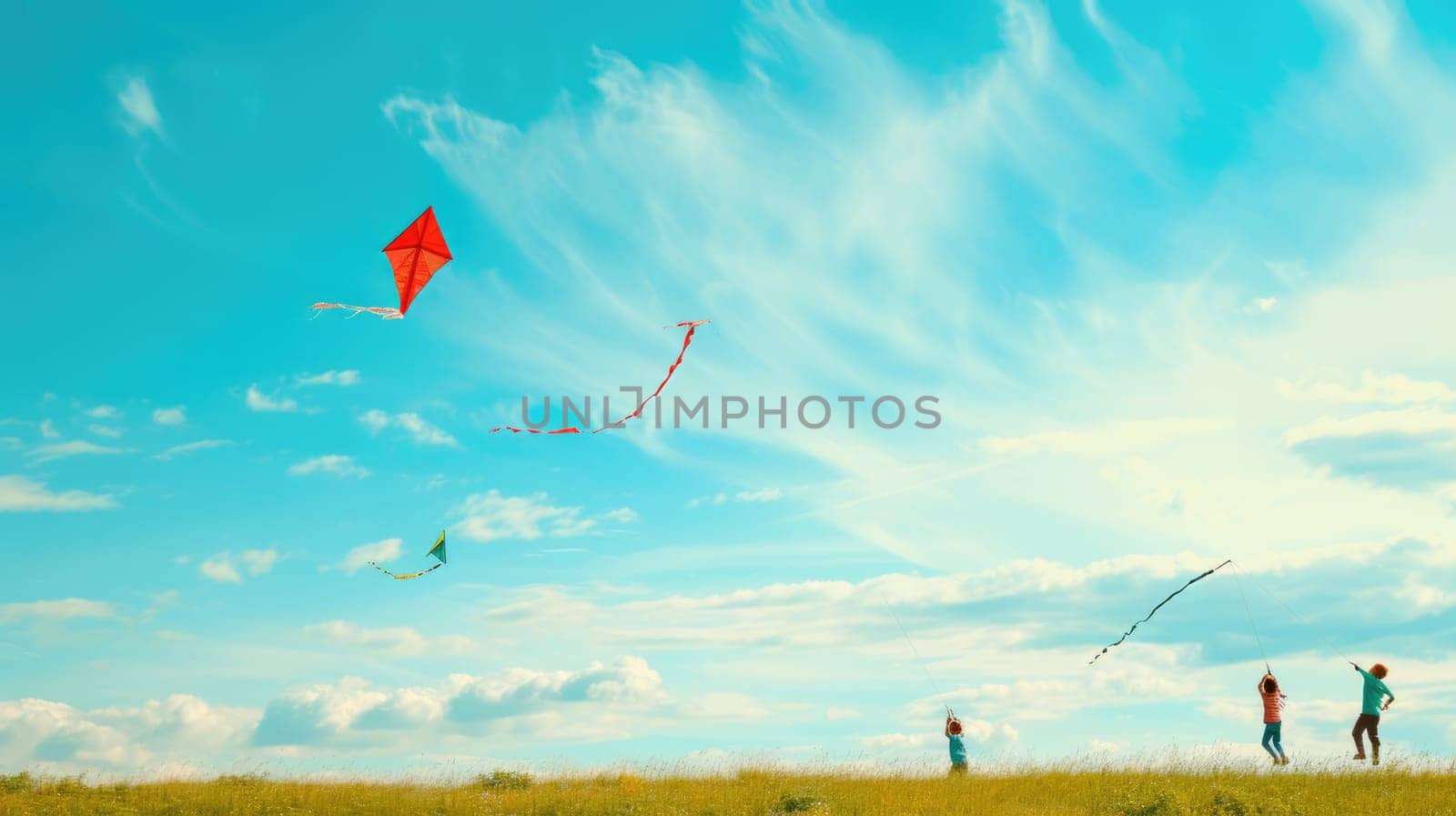 A group of people are flying kites in a grassy field under the azure sky with fluffy cumulus clouds floating in the atmosphere. AIG41