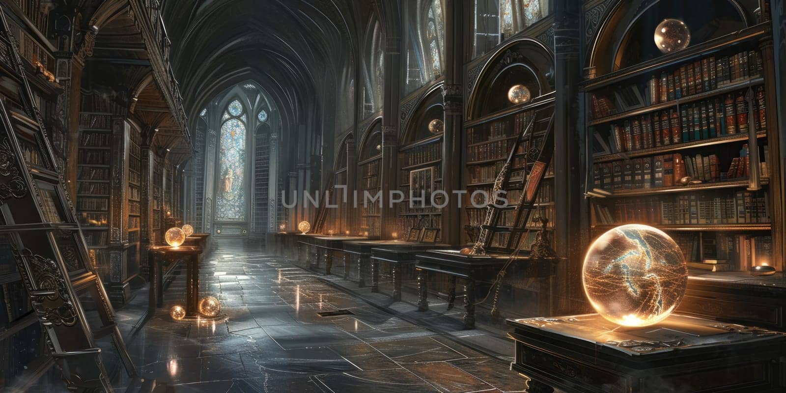 An ancient library filled with magical books, glowing orbs, and mystical artifacts. Shelves reach up to a high, vaulted ceiling, with soft light filtering through stained glass windows. Resplendent.