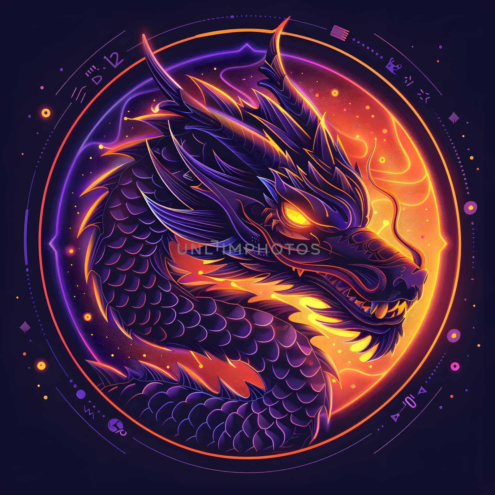 Electric blue dragon head in a circular pattern, surrounded by darkness and heat by Nadtochiy