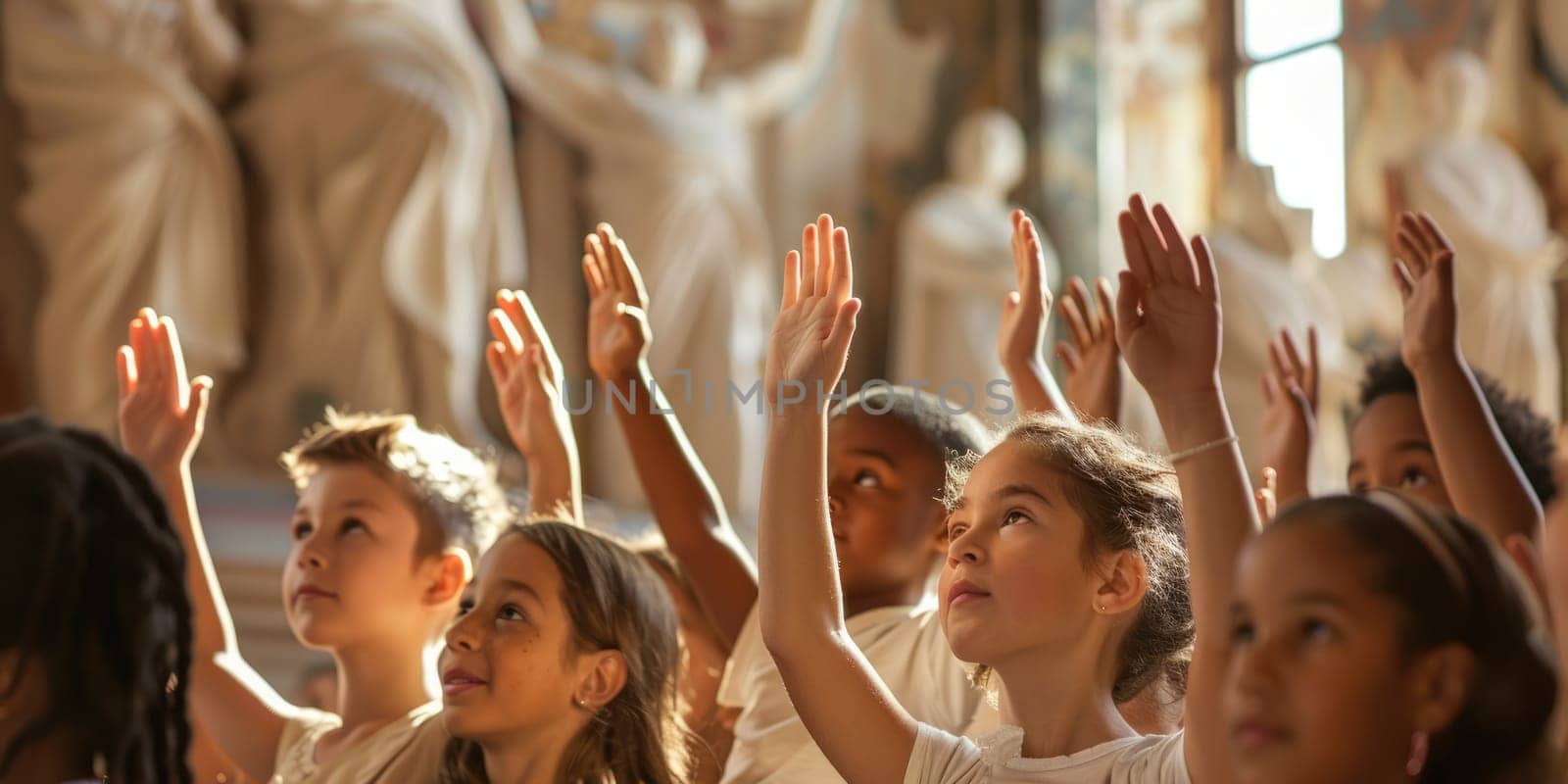 A group of children are raising their hands in a museum. AIG51A.