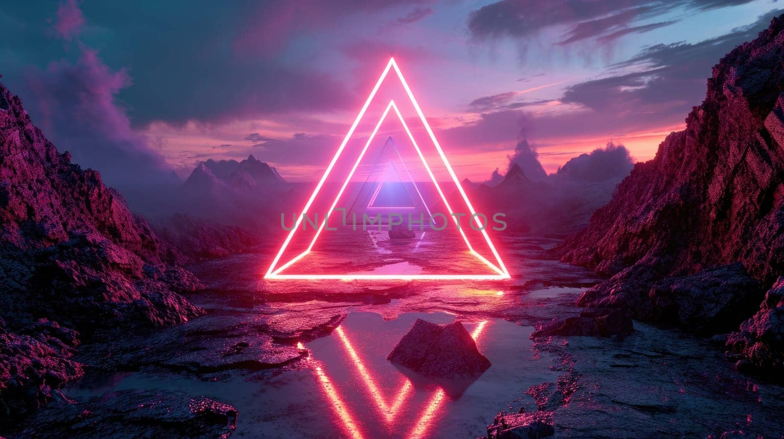 The great red floating triangle beyond the river that surrounded with a lot amount of the tall mountains at the dawn or dusk time of the day that shine light to the every part of the picture. AIGX03.