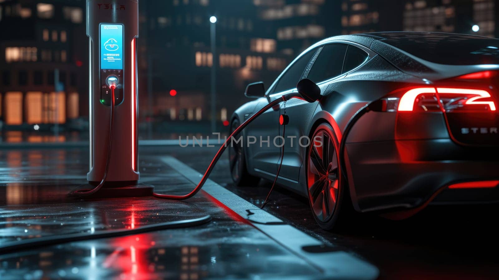 An electric vehicle is being charged at a station, while its wheels, tires, and alloy wheels rest peacefully under the hood. AIG41