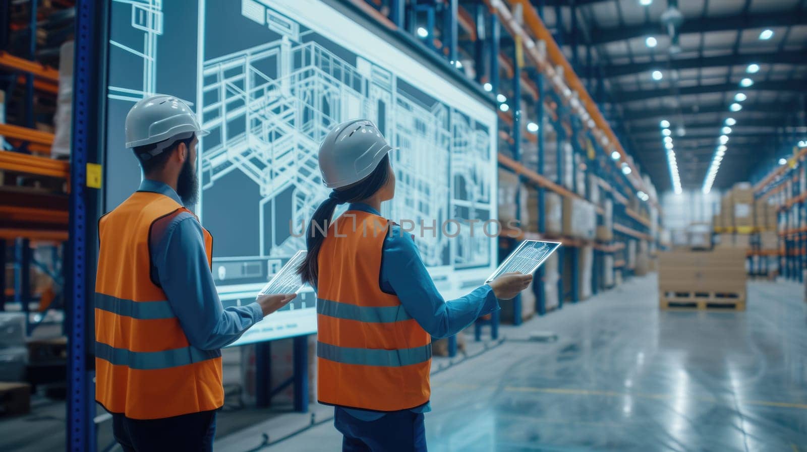 Group of professional warehouse worker working together while planning and looking at monitor. Smart engineer team talking about shipping plan while checking at storage. Industrial concept. AIG42.