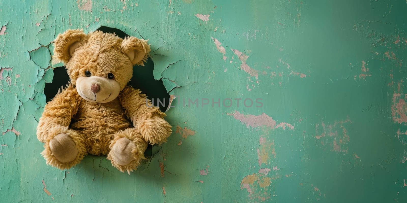 Close up view picture of the hollow green hole on the the wall that show the teddy stay inside the wall that has been made from some material yet still can be break to look through other side. AIGX03.