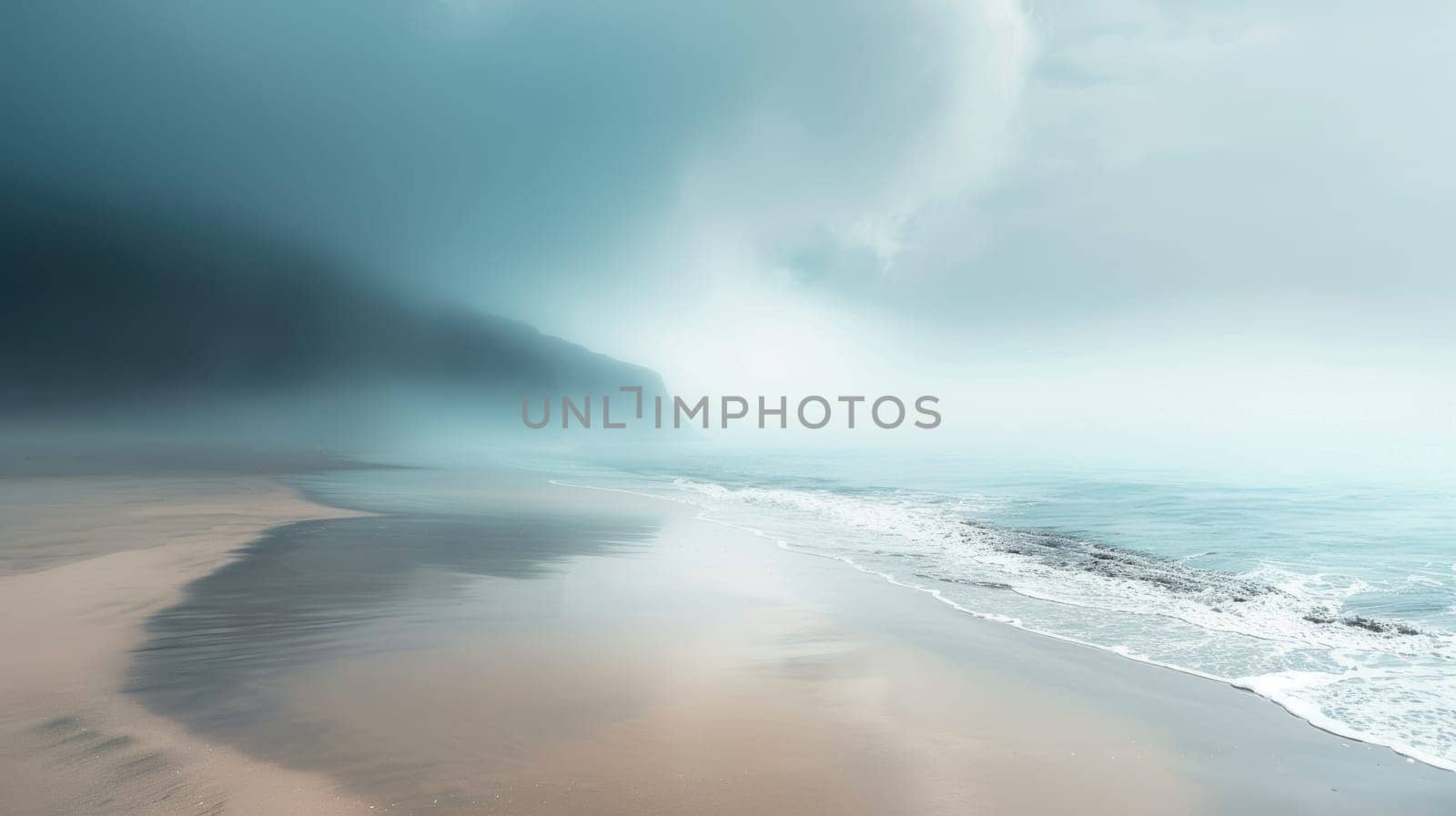 A misty beach at dawn with trees silhouetted against the sky. The horizon blends into the fluid water, creating a serene natural landscape AIG50