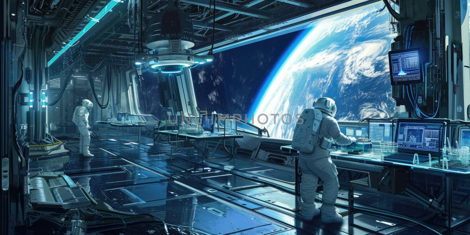 A high-tech laboratory on a space station, futuristic technology, astronauts conducting experiments, a view of Earth from space. Resplendent.