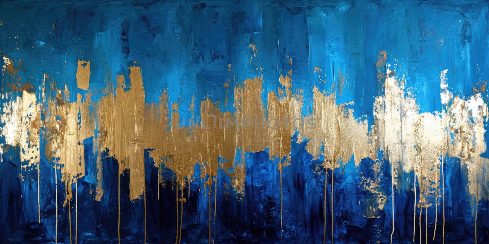 The abstract picture of the gold, blue and black colour that has been painted or splashed on the white blank background wallpaper to form random shape that cannot be describe yet beautiful. AIGX01.