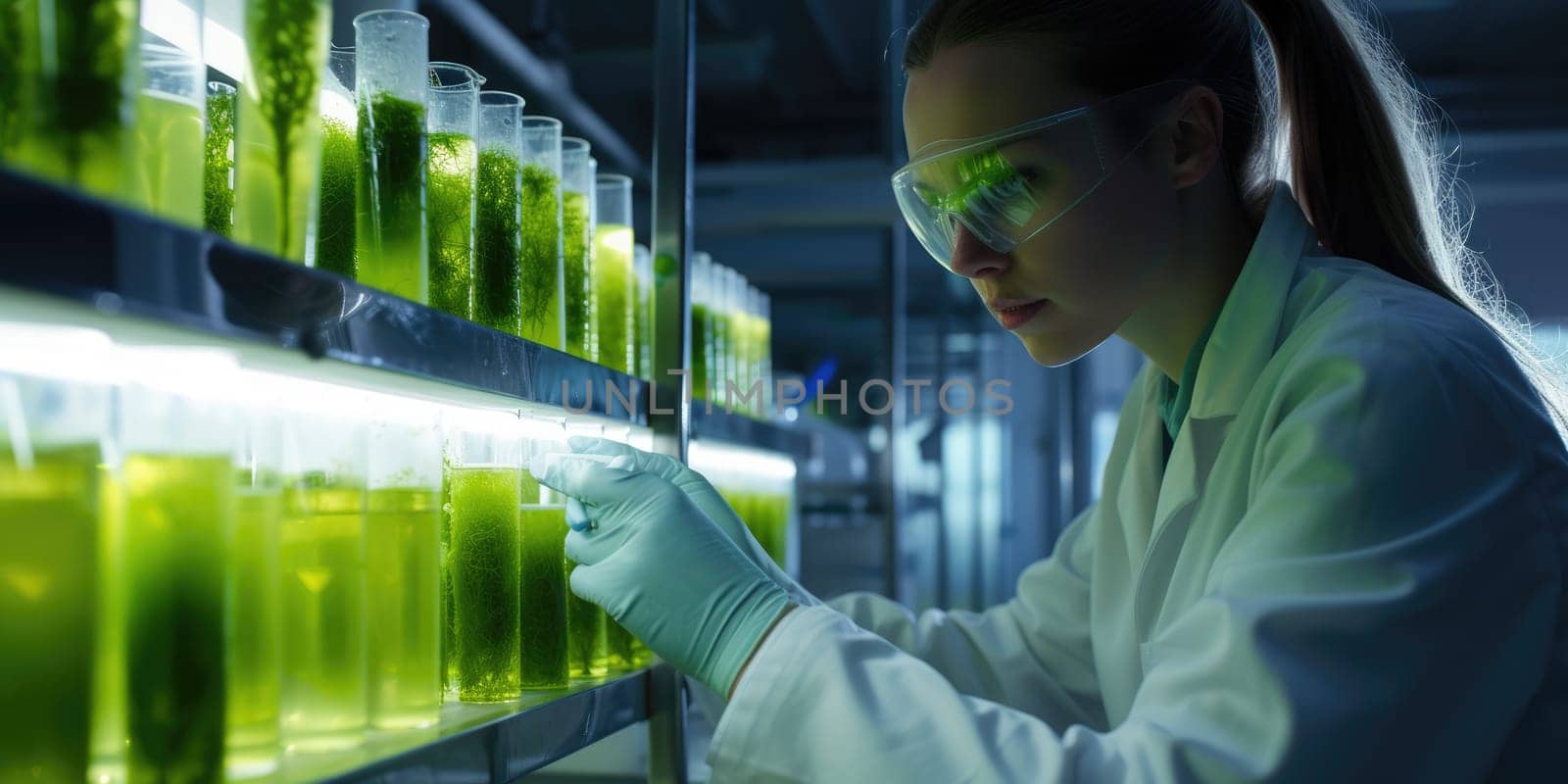 Professional environmental engineer inspect seaweed or bio fuel sample at laboratory. Attractive scientist checking and doing experiment with algae or seaweed while wearing lab coat. Science. AIG42.