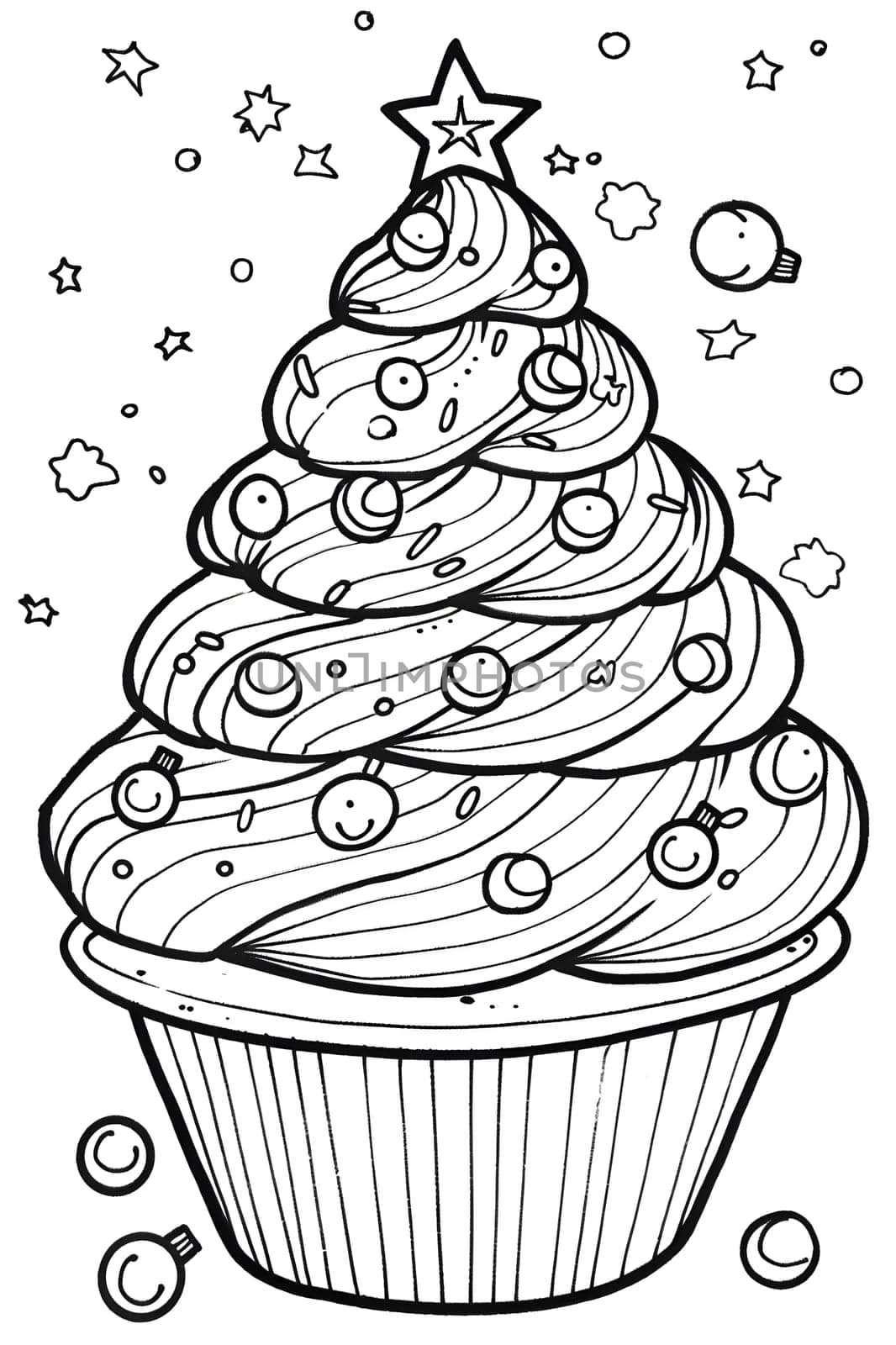 Monochrome cupcake art in a vinepatterned, treeshaped design by Nadtochiy