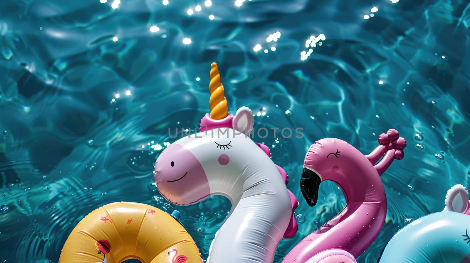 Colorful floats are drifting in the aqua water of a swimming pool, creating a vibrant and lively scene amidst the natural green landscape for leisurely activities AIG50