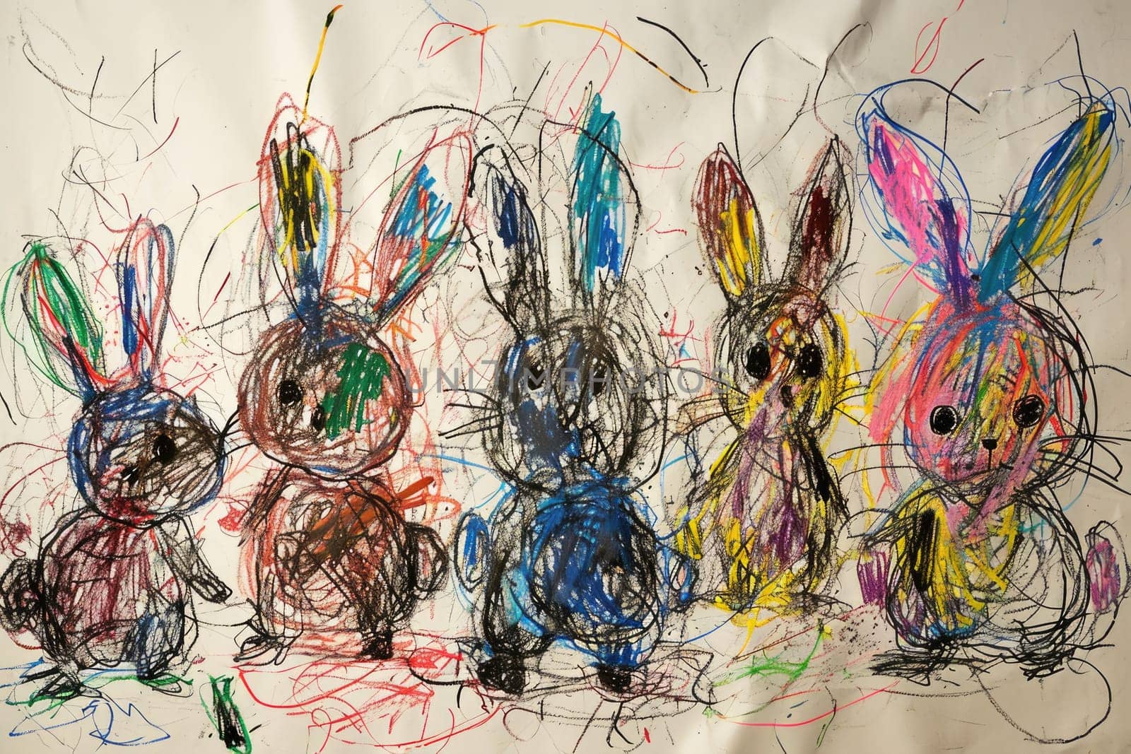 The hand drawing colourful picture of the group of the various type of the rabbit that has been drawn by a colored pencil or crayon on the white background that seem to be drawn by the child. AIGX01.
